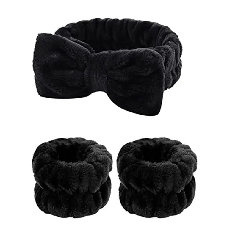 3Pcs/Set Face Wash Wristband Headband Set Fleece Skincare Bowtie Hair Band Wrist Cuffs for Makeup Shower Teen Girls Headbands