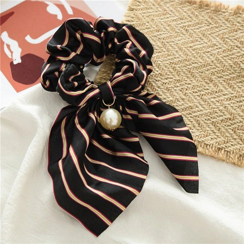 New Chiffon Bowknot Silk Hair Scrunchies Women Pearl Ponytail Holder Hair Ties Hair Rope Rubber Bands Headwear Hair Accessories