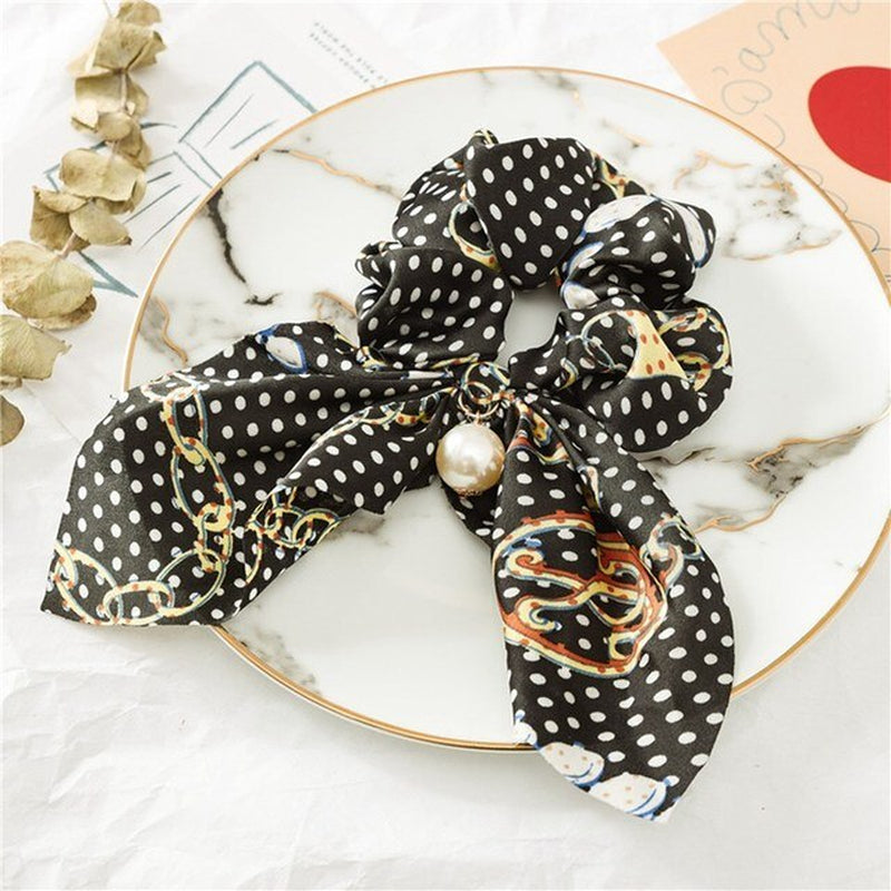 New Chiffon Bowknot Silk Hair Scrunchies Women Pearl Ponytail Holder Hair Ties Hair Rope Rubber Bands Headwear Hair Accessories