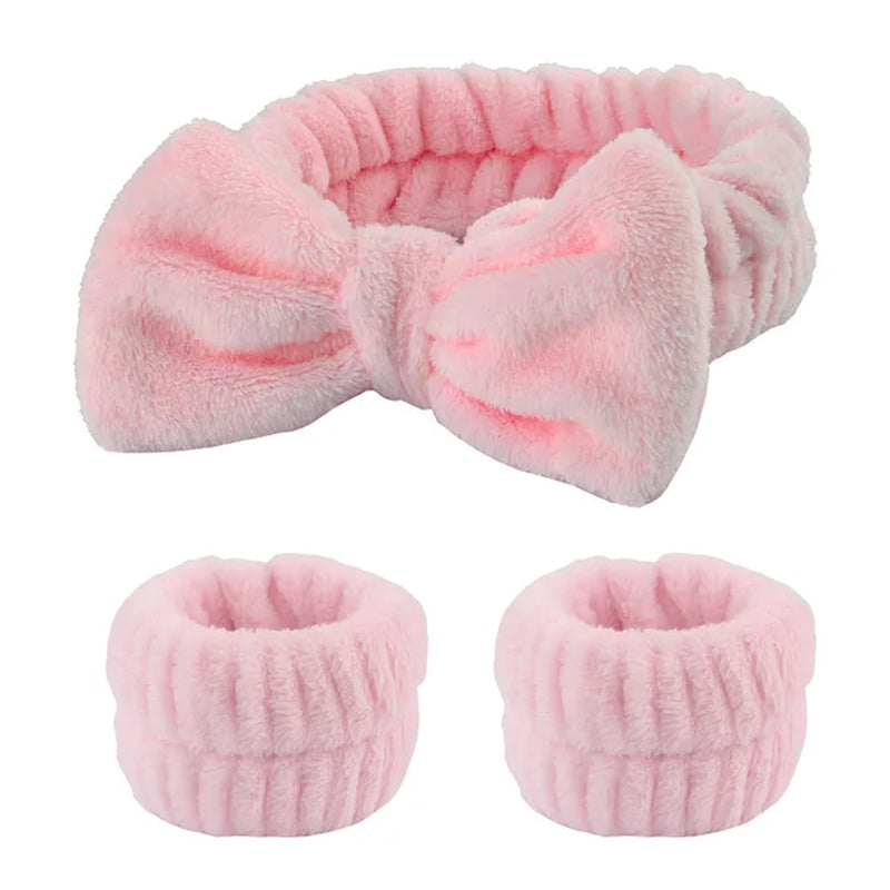 3Pcs/Set Face Wash Wristband Headband Set Fleece Skincare Bowtie Hair Band Wrist Cuffs for Makeup Shower Teen Girls Headbands