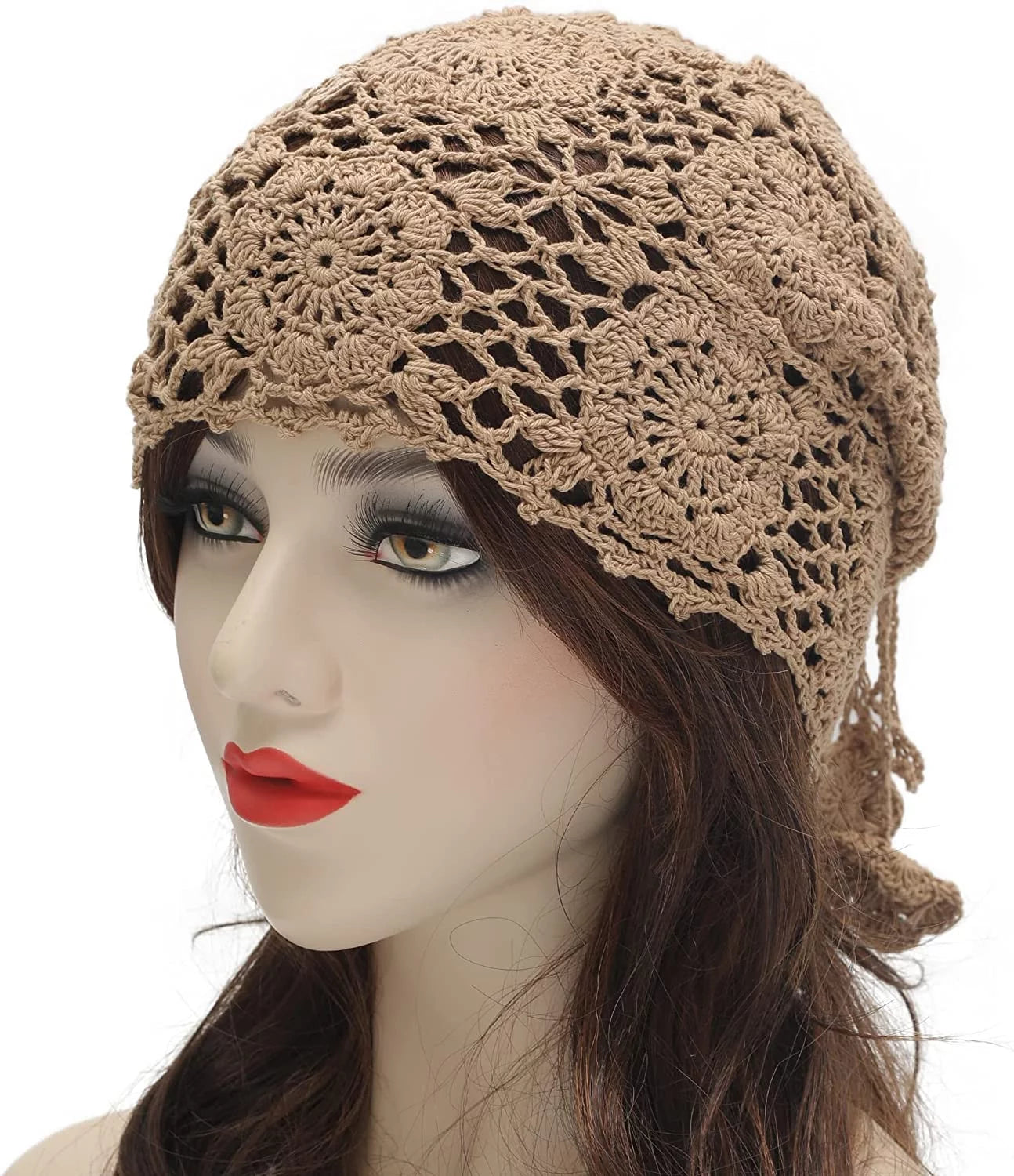 Women Cotton Crochet Slouchy Beanie Hat Handmade Knit Cutout Summer Floral Skull Cap