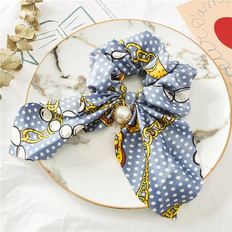 New Chiffon Bowknot Silk Hair Scrunchies Women Pearl Ponytail Holder Hair Ties Hair Rope Rubber Bands Headwear Hair Accessories