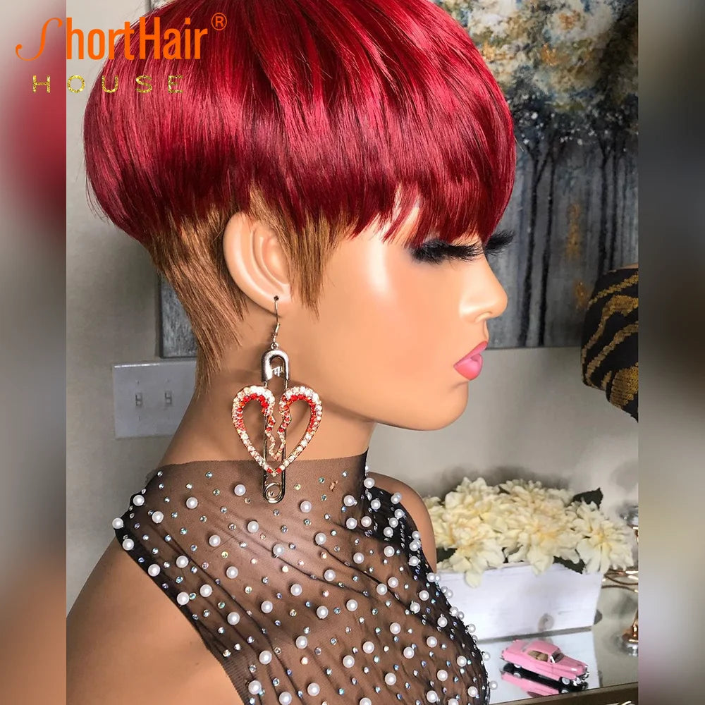 99J Red Color Pixie Short Cut Bob Wigs Ombre Brown Human Hair Wigs for Black Women Brazilian Straight Pixie Wig with Full Bangs